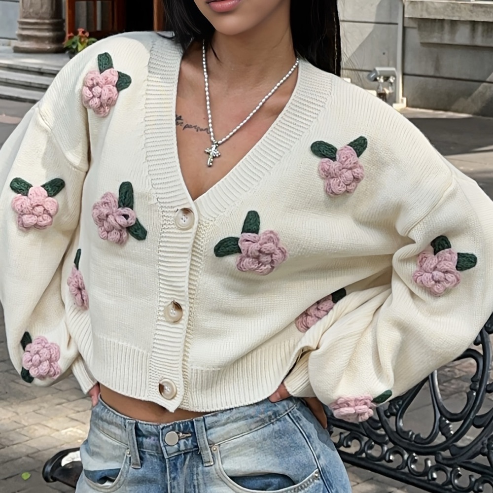 Luna Ivy Women’s 3D Flower Knit Cardigan Sweater Cropped Coquette in Beige M